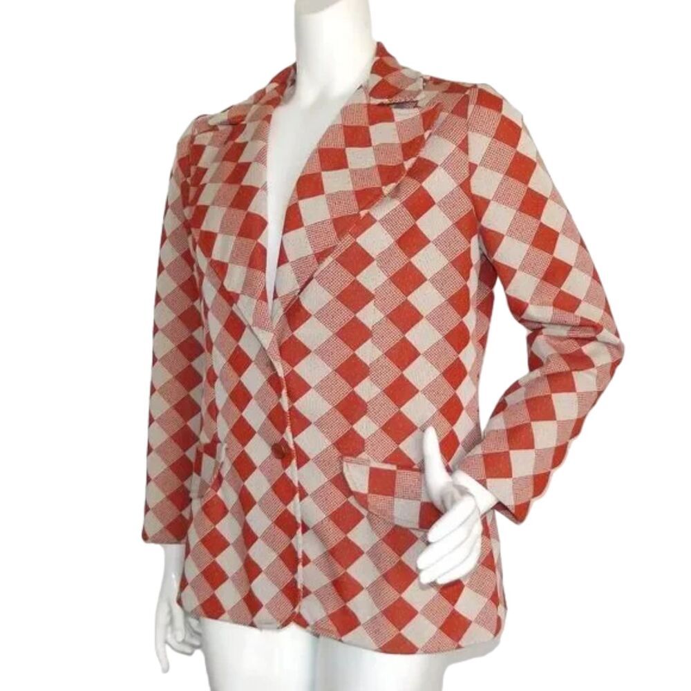 VINTAGE Blazer, M/L, Orange/Off-White Diamonds/Check, 2 buttons, Poly - Picture 3 of 12